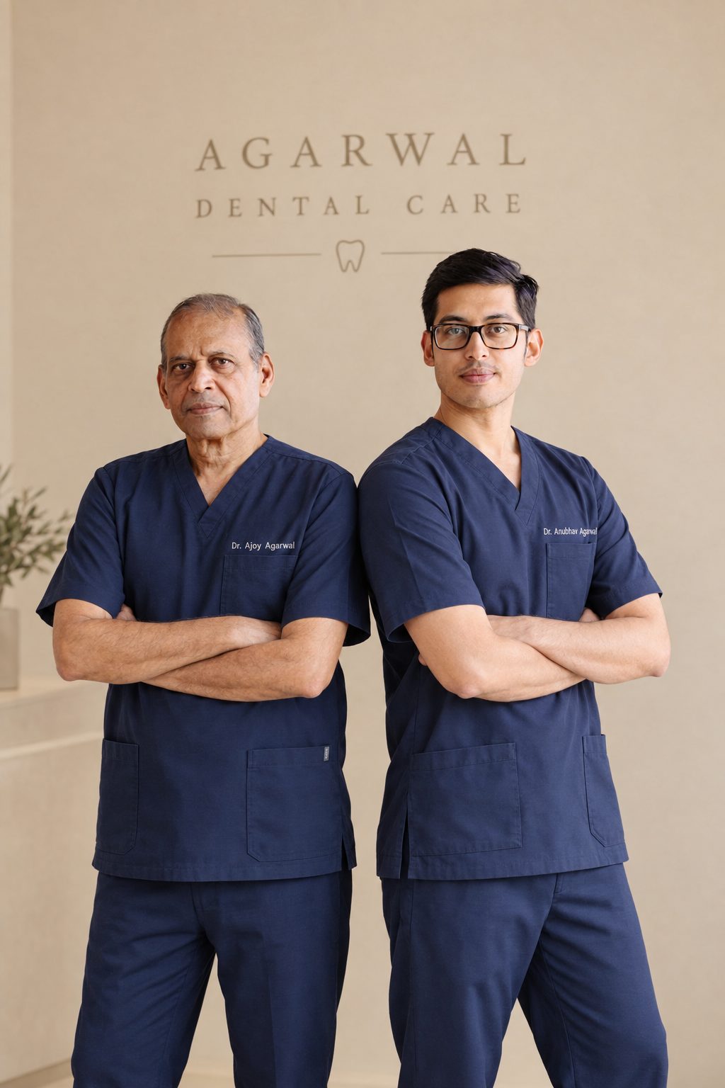 Dr. Ajoy Agarwal and Dr. Anubhav Agarwal in navy scrubs, standing back to back beneath the Agarwal Dental Care sign