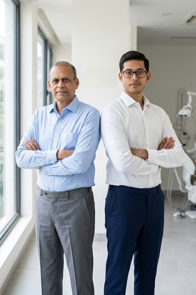 Dr. Ajoy Agarwal and Dr. Anubhav Agarwal standing back to back at Agarwal Dental Care